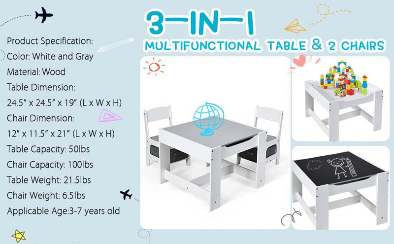 Eletriclife 3-in-1 Wooden Kids Table and Chair Set