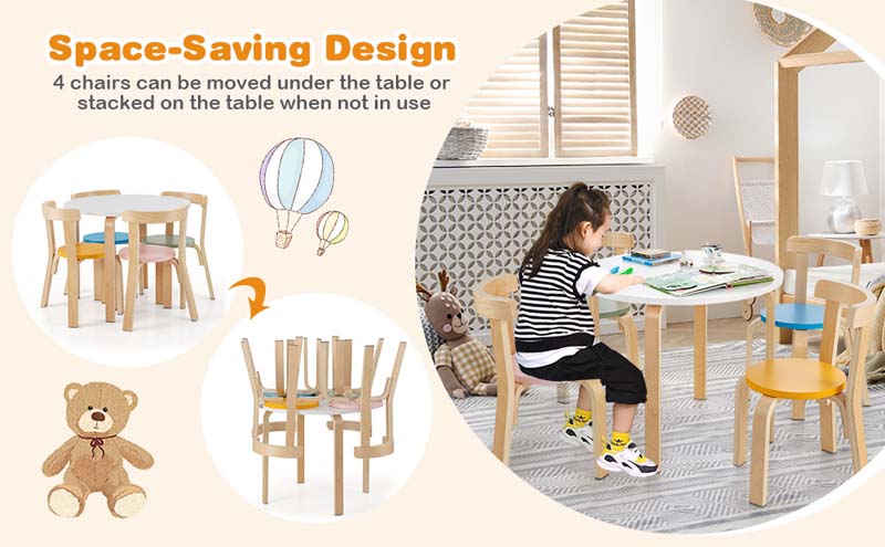 Eletriclife 5-Piece Kids Wooden Curved Back Activity Table and Chair Set with Toy Bricks
