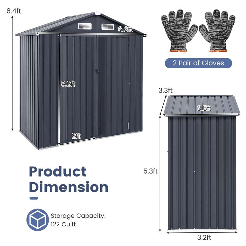 Eletriclife 6.3 x 3.5 FT Outdoor Metal Storage Shed with Base Floor