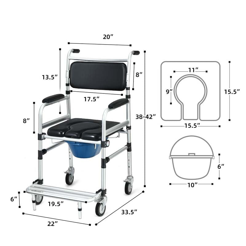 Eletriclife 2-in-1 Aluminum Commode Shower Wheelchair with Locking Casters