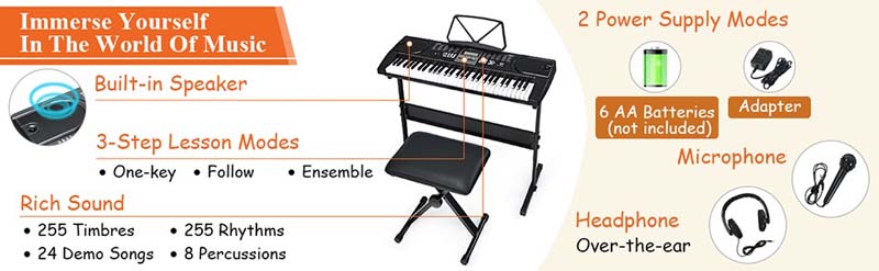 Eletriclife 61-Key Electronic Keyboard Piano Starter Set with Stand Bench and Headphones