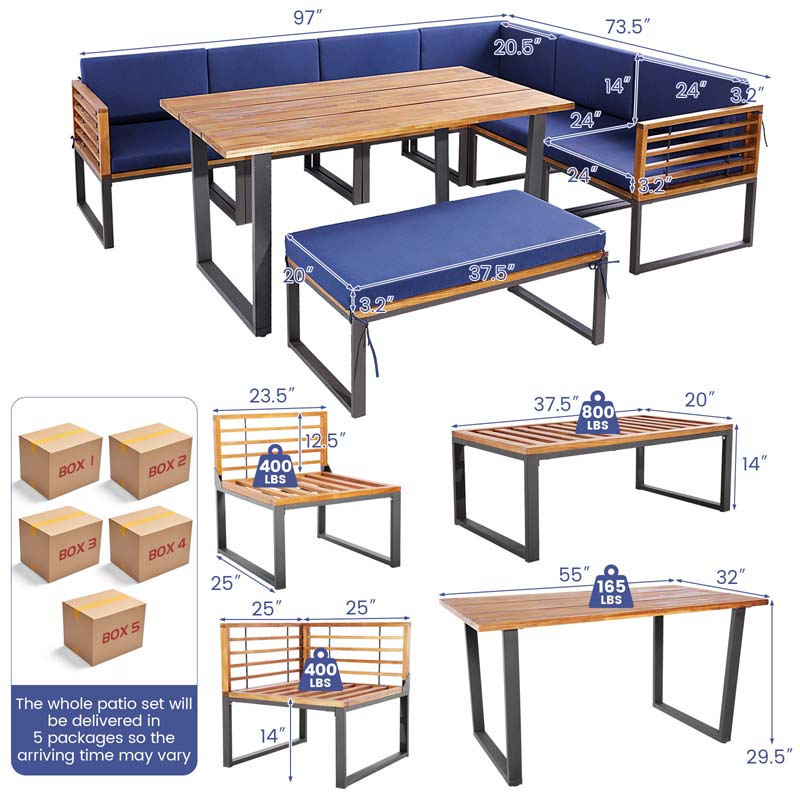 Eletriclife 8 Pieces Patio Acacia Wood Dining Table Set with Ottoman Cushions