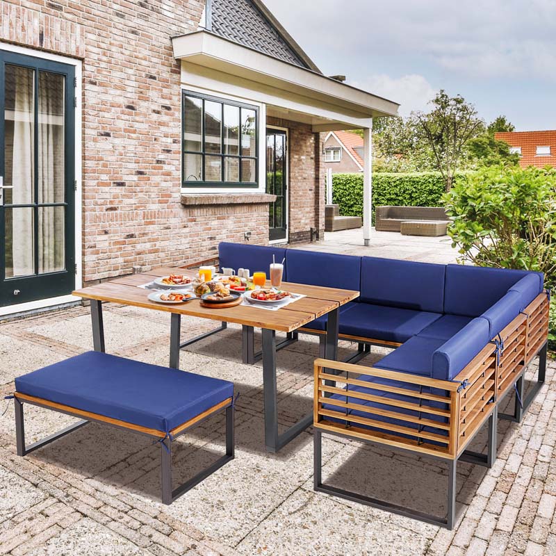 Eletriclife 8 Pieces Patio Acacia Wood Dining Table Set with Ottoman Cushions