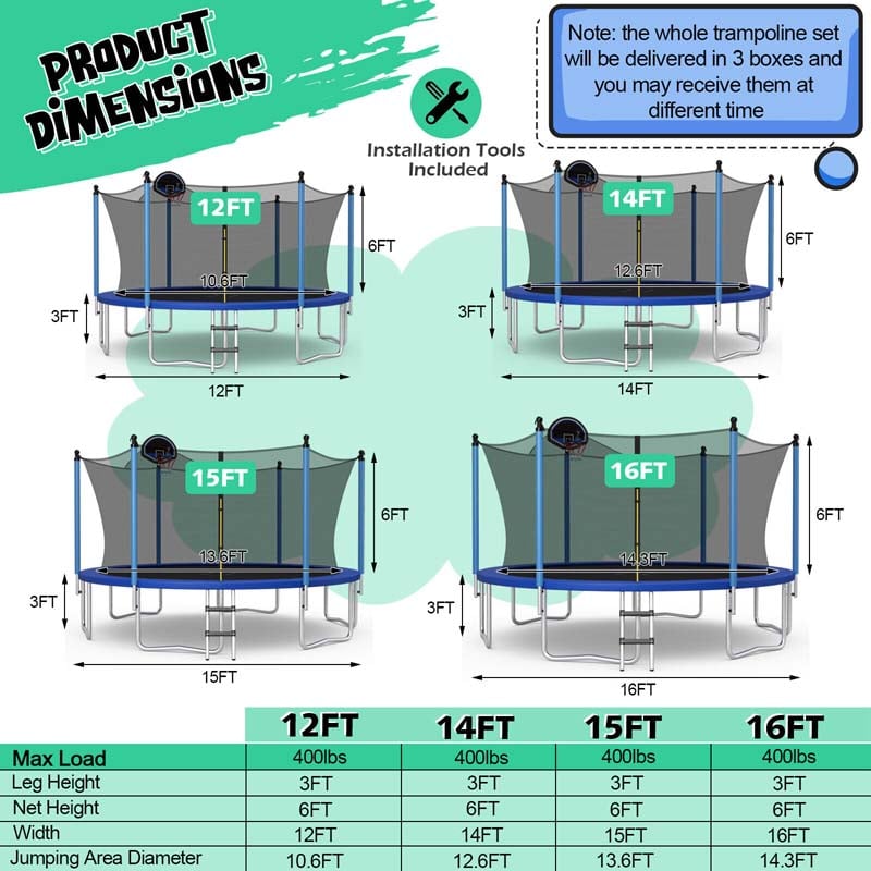 Eletriclife 12/14/15/16 Feet Outdoor Recreational Trampoline with Internal Enclosure Net