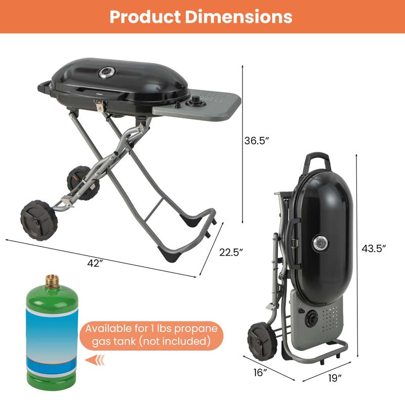 Eletriclife 15000 BTU Portable Propane BBQ Grill with Wheels and Side Shelf