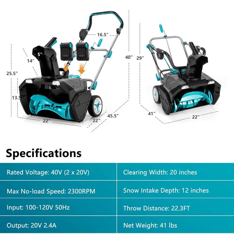 Eletriclife 20 Inch Cordless Snow Thrower with 2 Battery