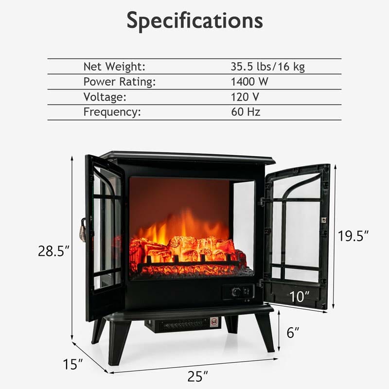 Eletriclife 25 Inch Freestanding Electric Fireplace Heater with Realistic Flame effect Black