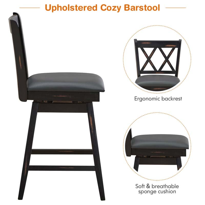 Eletriclife 2 Pieces 25 Inch Swivel Barstool Set with Rubber Wood Legs