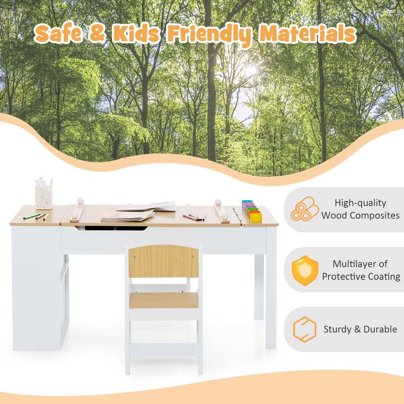 INFANS 2 in 1 Kids Art Table and Chair Set, Toddler Craft Play Wood Activity Desk with 2 Chairs for Drawing Writing