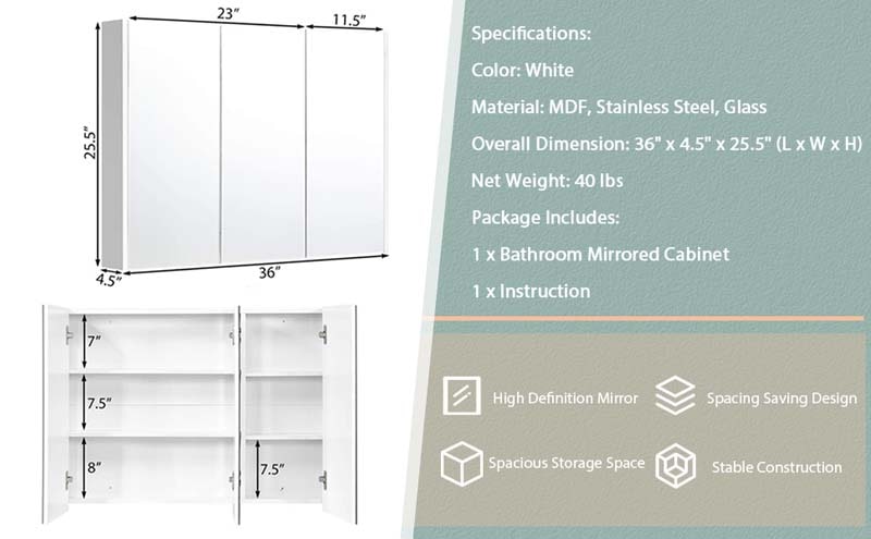 Eletriclife 3-Door Wall-Mounted Mirror Cabinet with 3-Adjustable Shelves