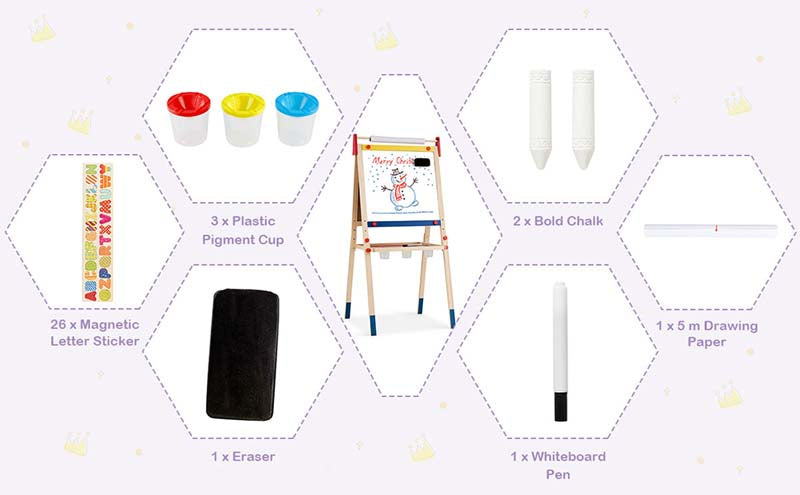 Eletriclife 3-In-1 Wooden Height Adjustable Kid's Art Easel with Magnetic Stickers and Paper
