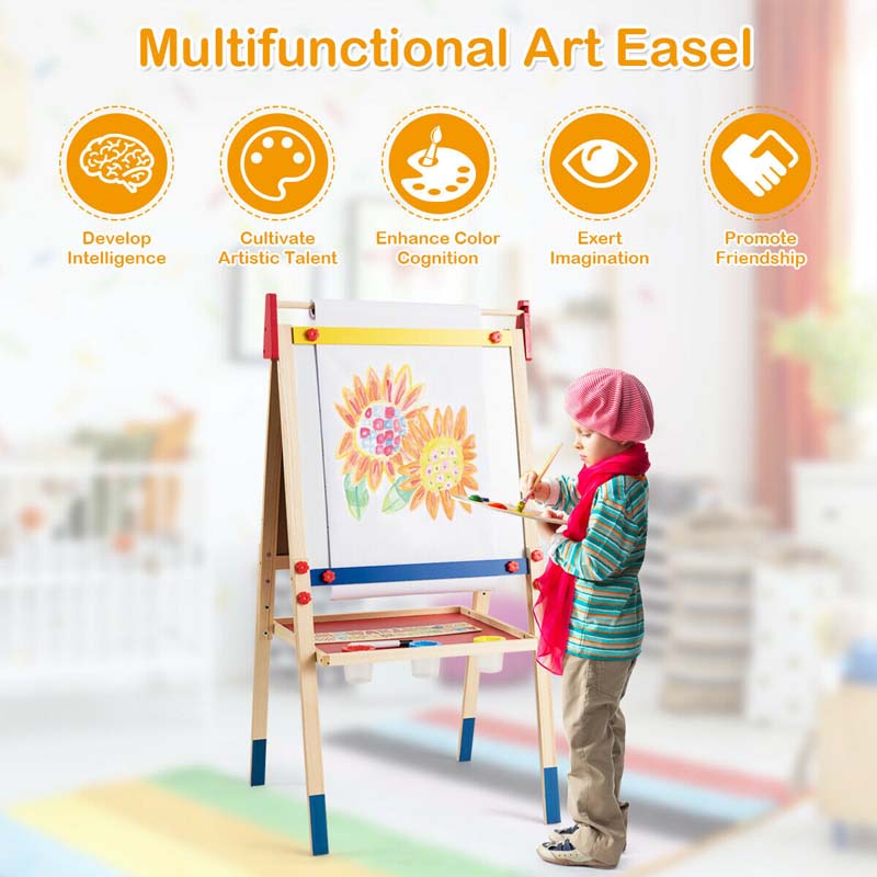 Eletriclife 3-In-1 Wooden Height Adjustable Kid's Art Easel with Magnetic Stickers and Paper