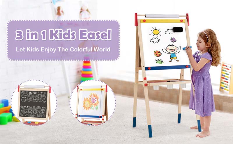 Eletriclife 3-In-1 Wooden Height Adjustable Kid's Art Easel with Magnetic Stickers and Paper