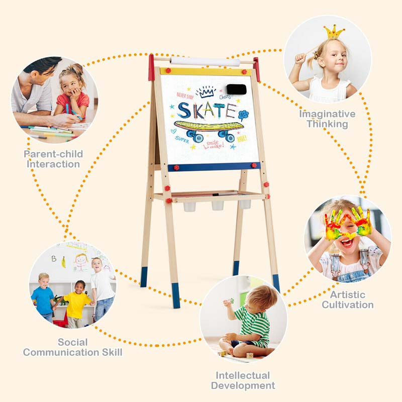 Eletriclife 3-In-1 Wooden Height Adjustable Kid's Art Easel with Magnetic Stickers and Paper