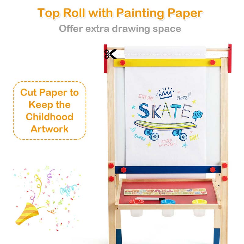 Eletriclife 3-In-1 Wooden Height Adjustable Kid's Art Easel with Magnetic Stickers and Paper