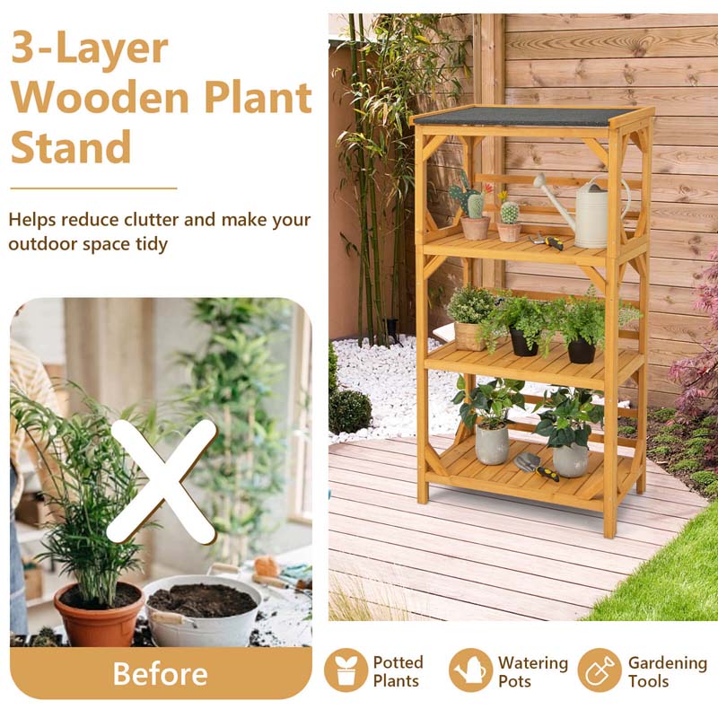 Eletriclife 3-Tier Wooden Plant Stand with Weatherproof Asphalt Roof