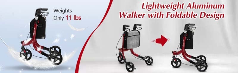 Eletriclife 3-Wheel Rolling Walker with Adjustable Handle Red