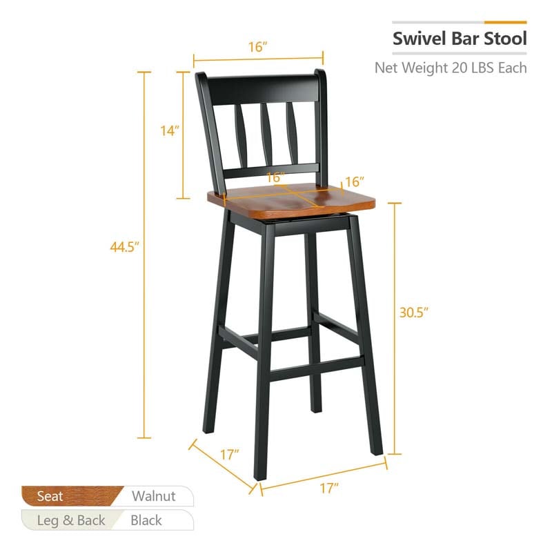 Eletriclife 30.5 Inch Set of 2 Swivel Bar Stools with 360° Swiveling