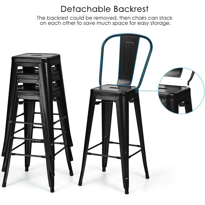 Eletriclife 30 Inch Set of 4 Modern Metal Industrial Bar Stools with Removable High Back