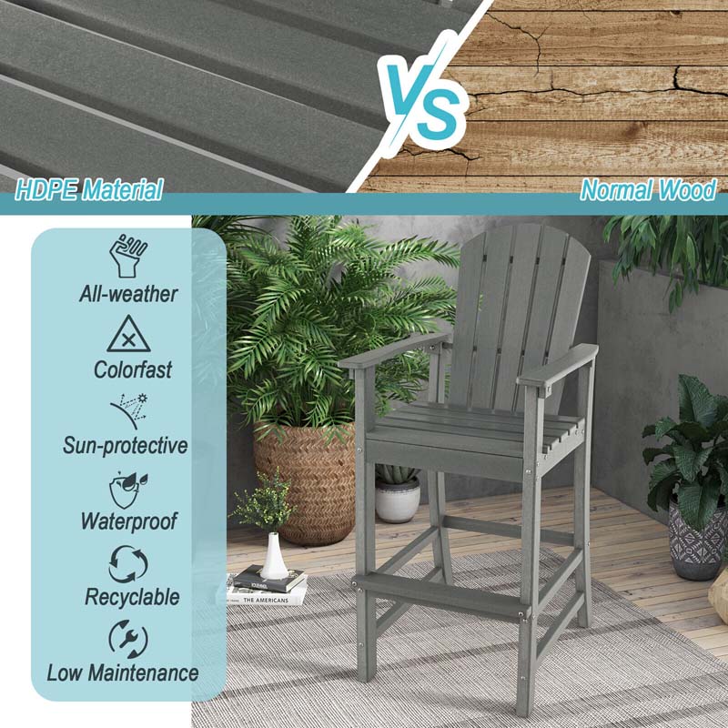 Eletriclife 30 Inches Counter Height Outdoor HDPE Bar Stool with Armrests and Footrest Gray
