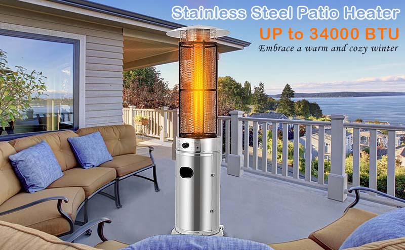 Eletriclife 34000 BTU Stainless Steel Standing Round Glass Tube Propane Patio Heater