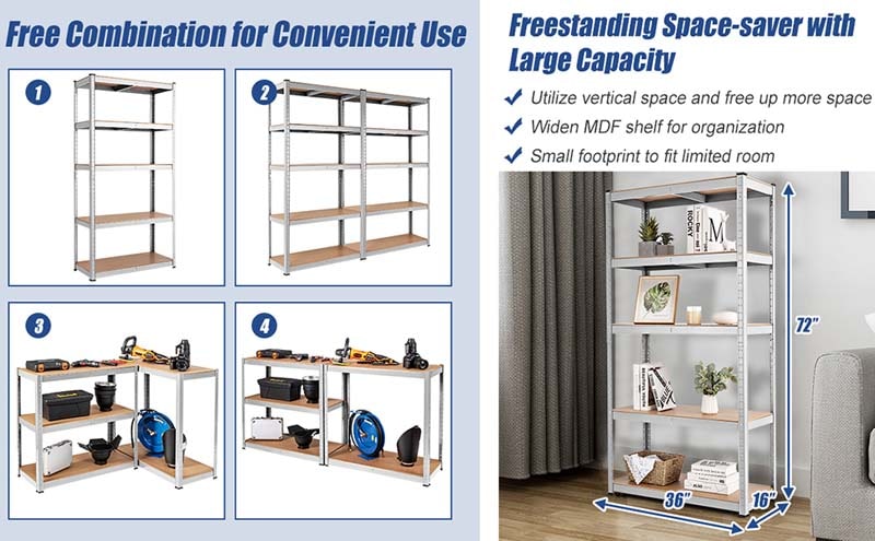 Large Storage Space: 36" x 16" x 72" storage shelf load capacity on leveling feet can hold up to 400 lbs per shelf (when evenly distributed and on a level surface). Meet your large capacity Storage needs, bring you a tidy and organized space with a comfortable space.