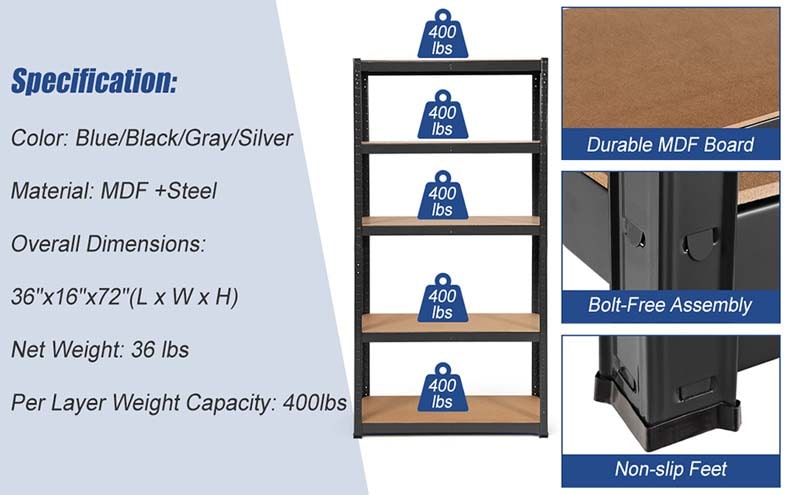 Large Storage Space: 36" x 16" x 72" storage shelf load capacity on leveling feet can hold up to 400 lbs per shelf (when evenly distributed and on a level surface). Meet your large capacity Storage needs, bring you a tidy and organized space with a comfortable space.