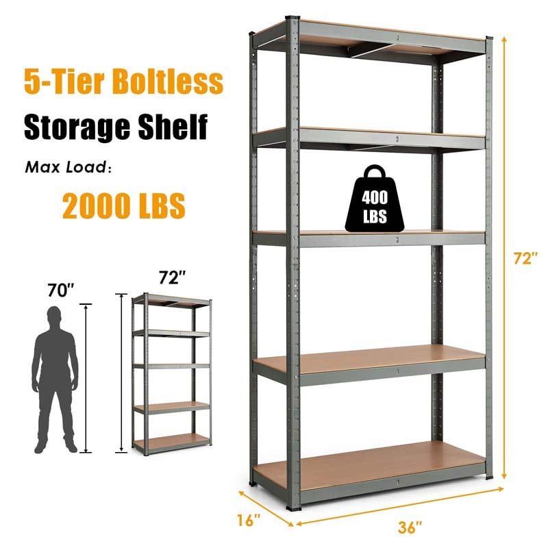 Eletriclife 36 x 72 Inch Adjustable 5-Layer 2000 lbs Capacity Storage Shelf Gray