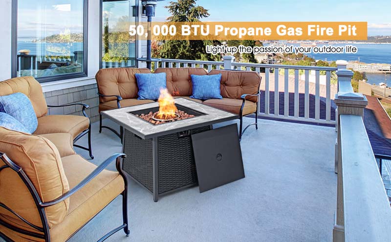 Eletriclife 35 Inch Propane Gas Fire Pit Table Wicker Rattan with Lava Rocks PVC Cover