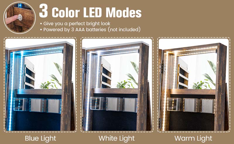 Eletriclife 360° Rotating Mirrored Jewelry Cabinet Armoire 3 Color LED Modes Lockable