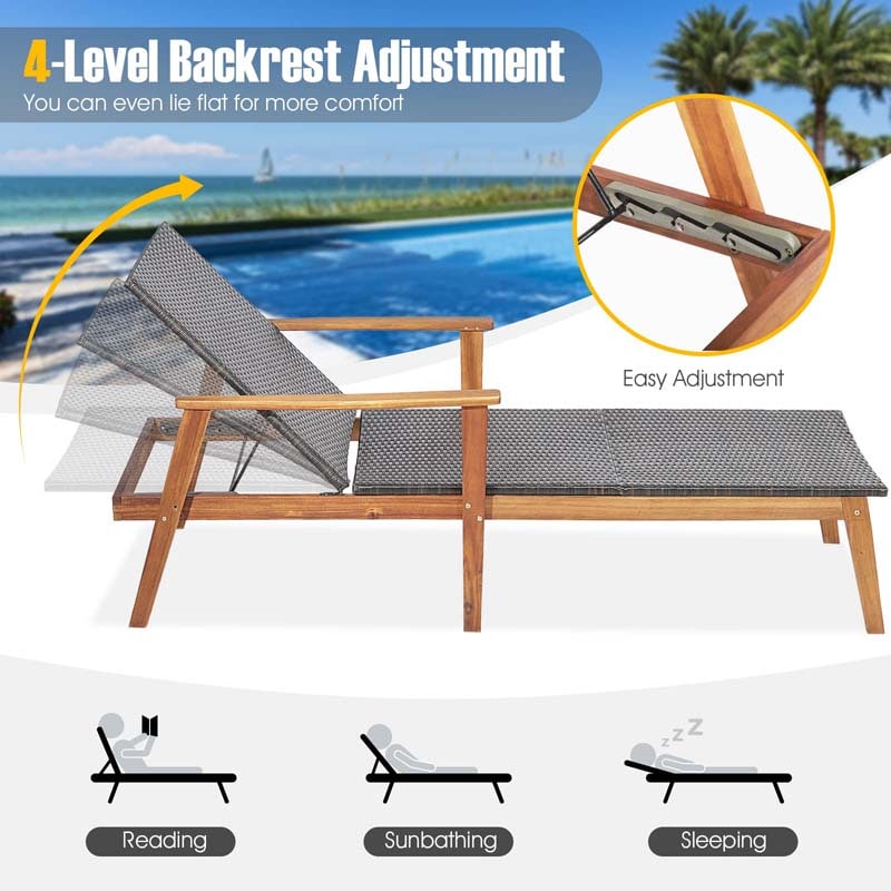 Eletriclife 3 Pcs Patio Wooden Rattan Lounge Chaise Chair Set with Folding Table