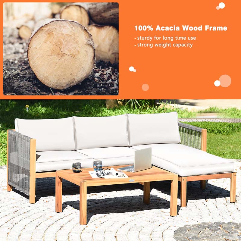 Eletriclife 3 Pieces Patio Acacia Wood Sofa Furniture Set with Nylon Rope Armrest