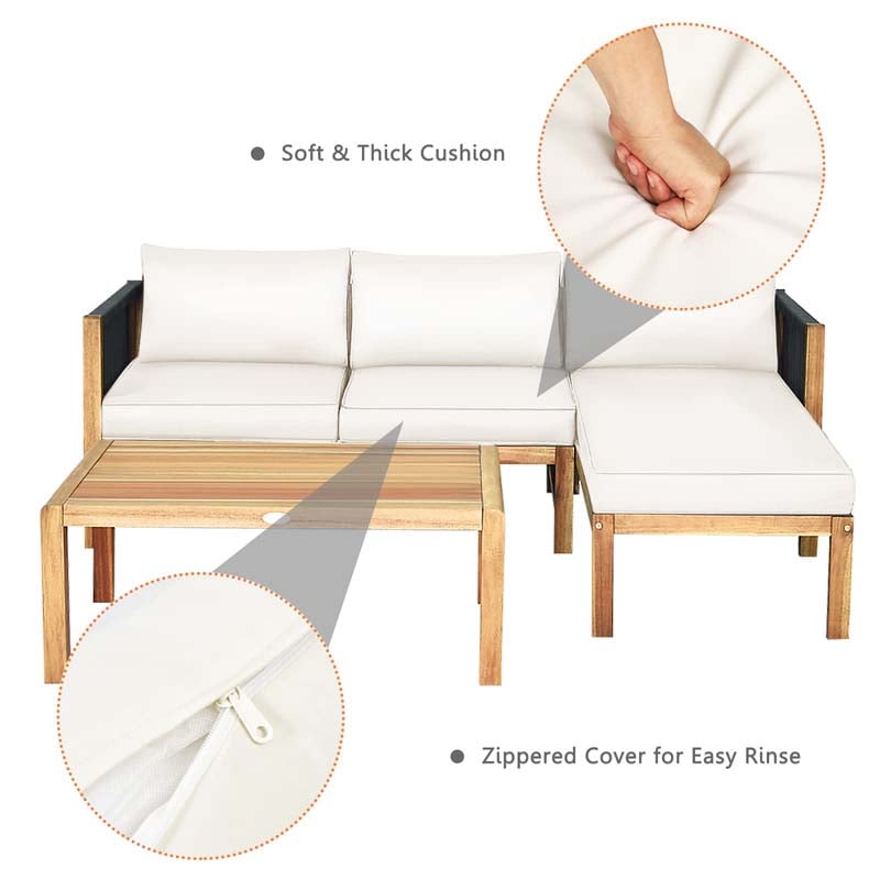 Eletriclife 3 Pieces Patio Acacia Wood Sofa Furniture Set with Nylon Rope Armrest