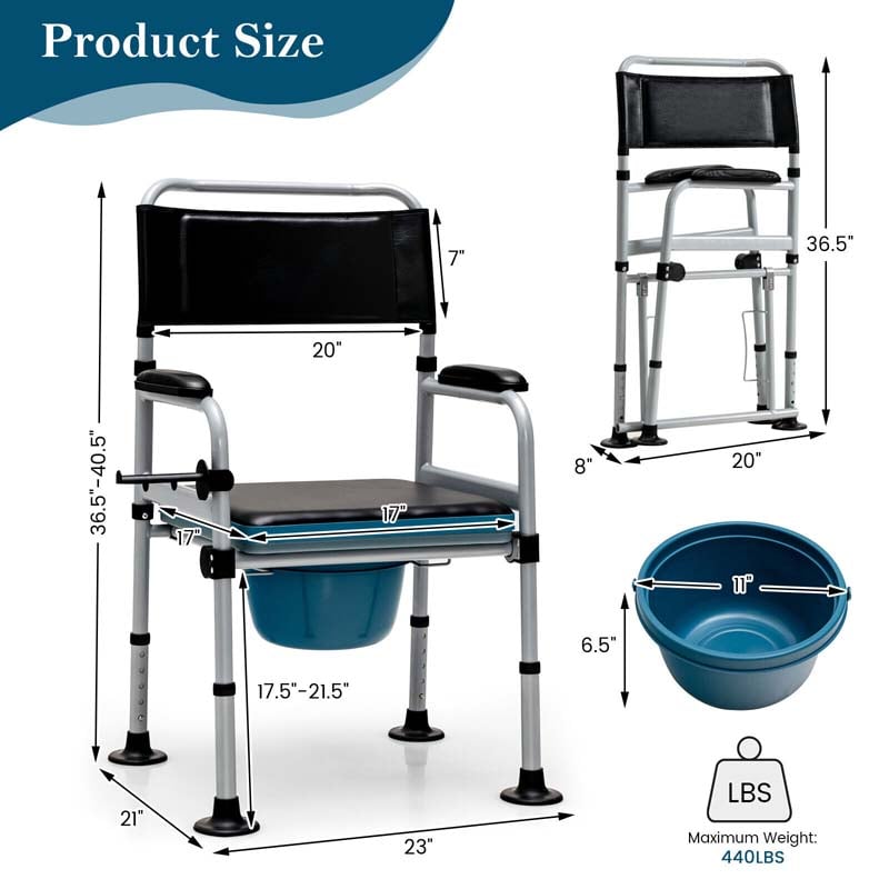 Eletriclife 4-in-1 Bedside Commode Folding Toilet Chair w/Detachable Bucket