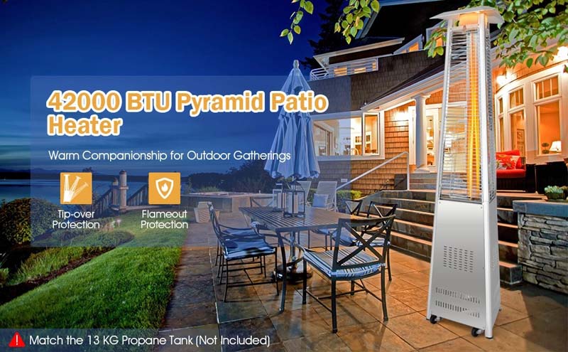 Eletriclife 42000 BTU Stainless Steel Pyramid Patio Heater With Wheels