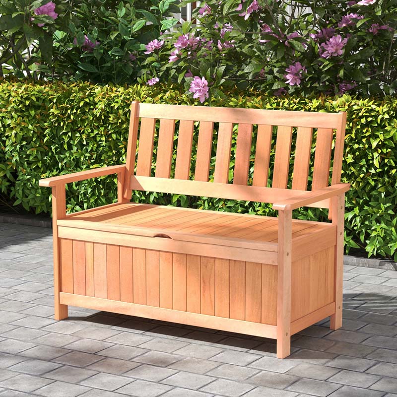 Eletriclife 48 Inch Patio Hardwood Storage Bench with Slatted Backrest