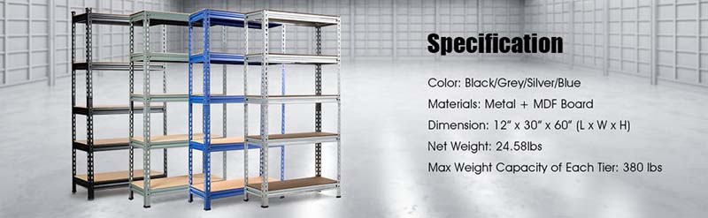 Chairliving 30" x 12" x 60" 5 Tier Heavy Duty Metal Storage Utility Rack Shelf Adjustable Storage Shelving Unit for Garage Warehouse Pantry