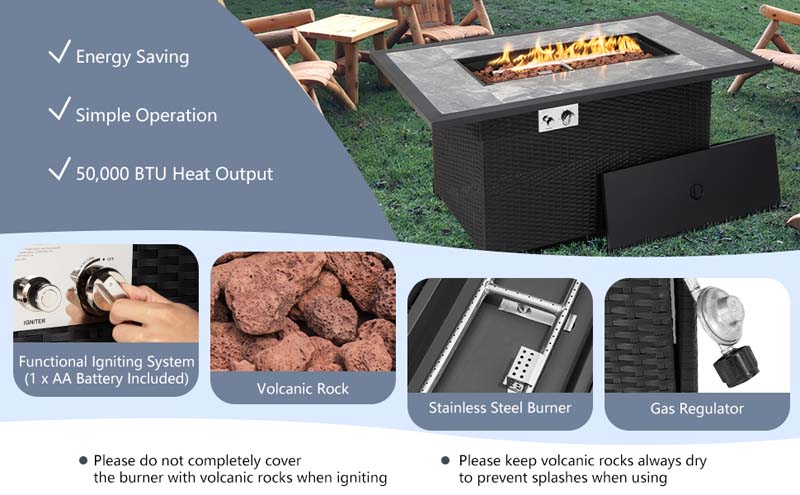 Eletriclife 52 Inch Rattan Wicker Propane Fire Pit Table with Cover and Lava Rock