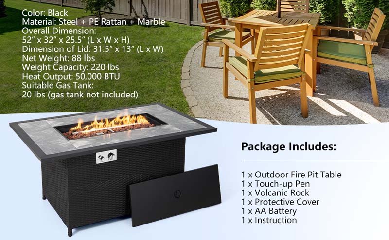 Eletriclife 52 Inch Rattan Wicker Propane Fire Pit Table with Cover and Lava Rock