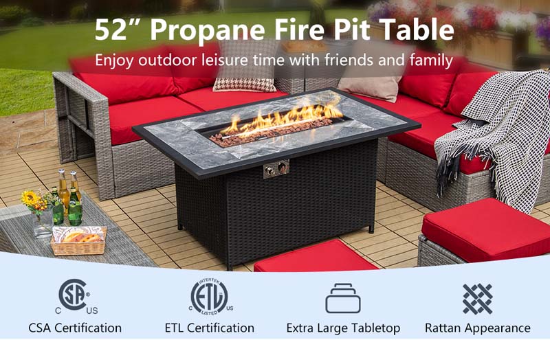 Eletriclife 52 Inch Rattan Wicker Propane Fire Pit Table with Cover and Lava Rock