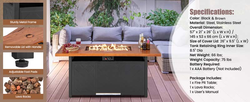 Eletriclife 57 Inch 50000 BTU Rectangular Propane Outdoor Fire Pit Table