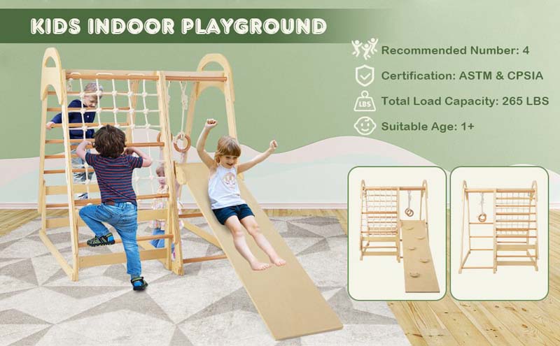 Eletriclife 6-in-1 Wooden Kids Jungle Gym Playset with Slide Climbing Net