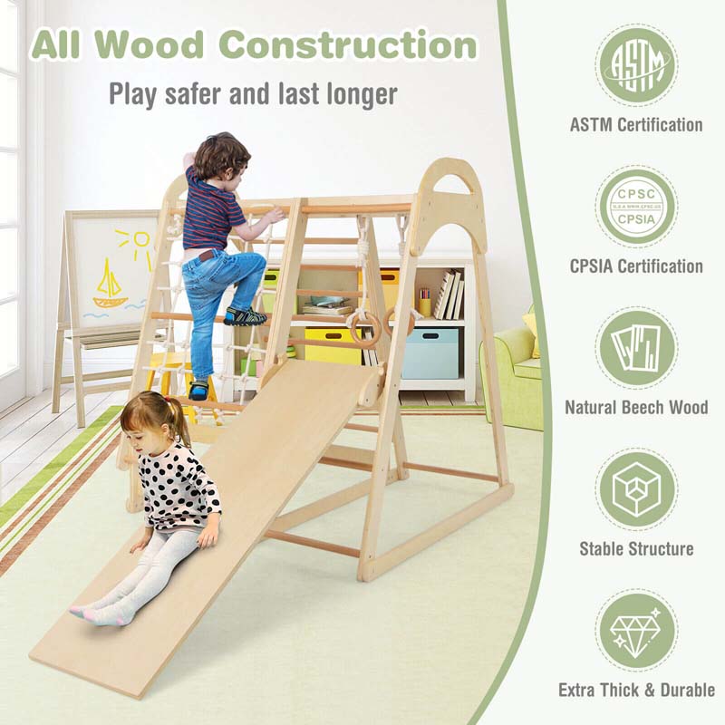 Eletriclife 6-in-1 Wooden Kids Jungle Gym Playset with Slide Climbing Net