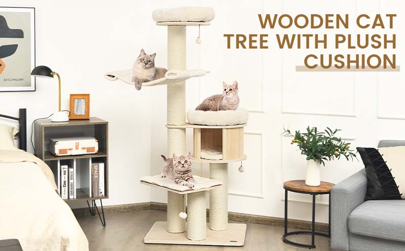 Eletriclife 68.5-Inch 4-Layer Wooden Cat Tree Condo Activity Tower with Sisal Posts