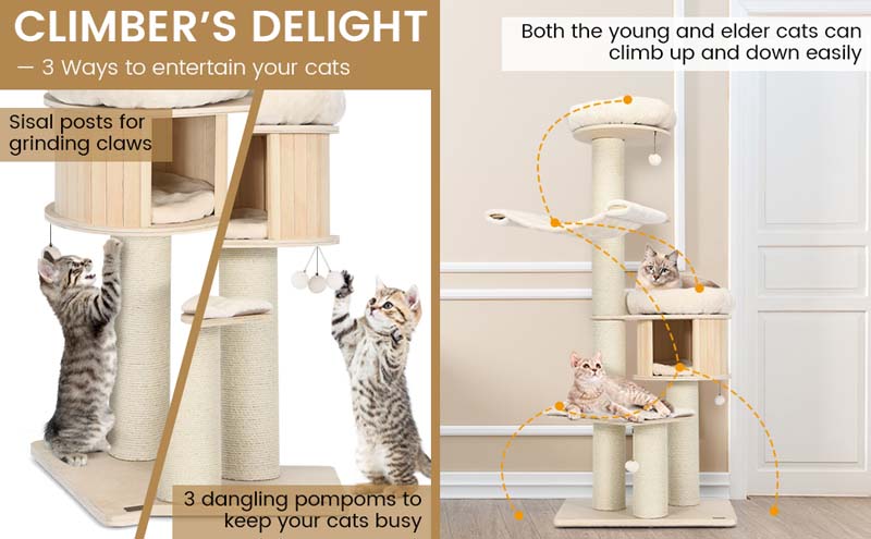 Eletriclife 68.5-Inch 4-Layer Wooden Cat Tree Condo Activity Tower with Sisal Posts