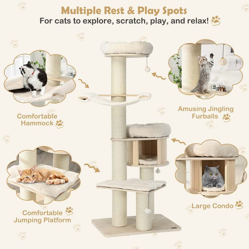 Eletriclife 68.5-Inch 4-Layer Wooden Cat Tree Condo Activity Tower with Sisal Posts