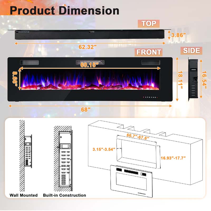 Eletriclife 68 Inch Ultra-Thin Recessed Electric Fireplace with Crystal Log Decoration