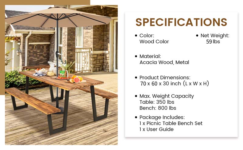 Eletriclife 70" Wooden Picnic Table Bench Set