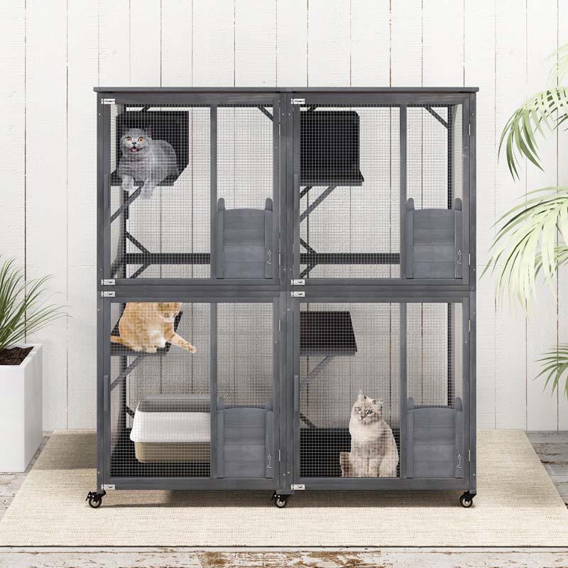Eletriclife 72 Inch Large Wooden Cat House Catio Kitten Enclosure on Wheels