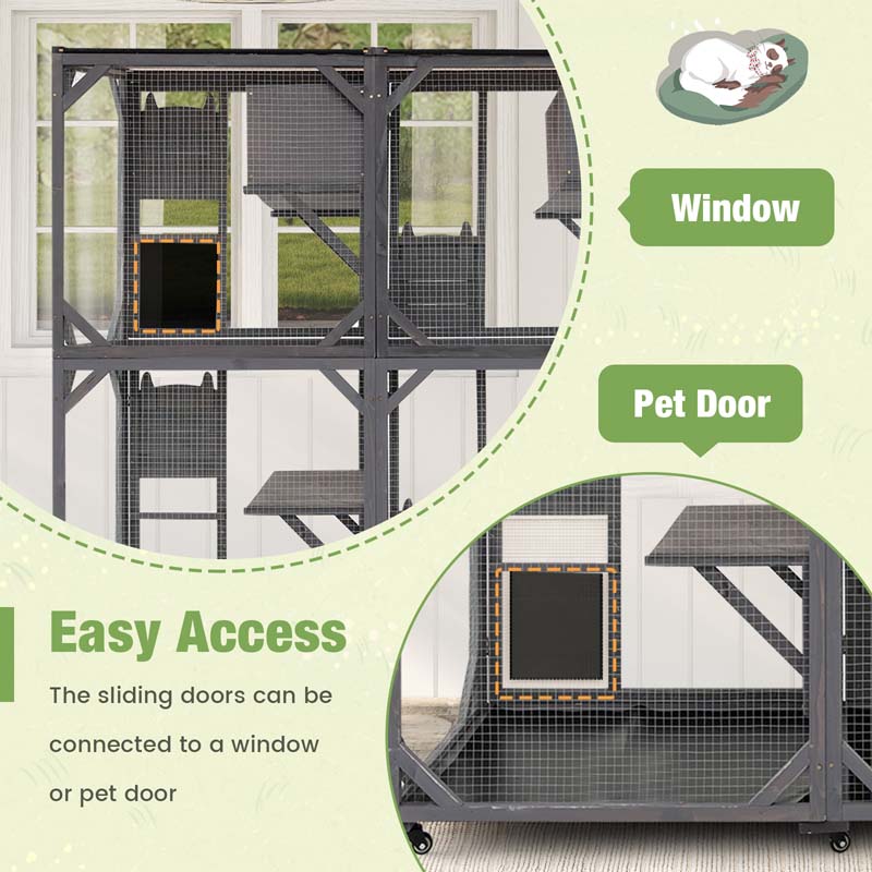 Eletriclife 72 Inch Large Wooden Cat House Catio Kitten Enclosure on Wheels